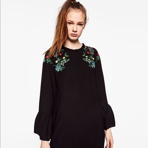 Zara black embroidered flower bell sleeve dress
